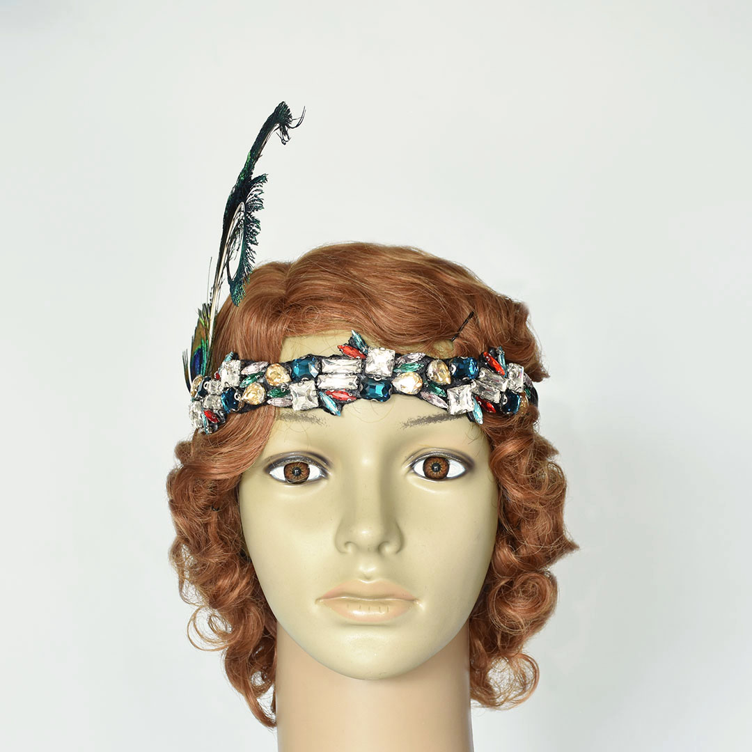 Tocado 20's con Pedrería y Pluma de Pavo Real 1A