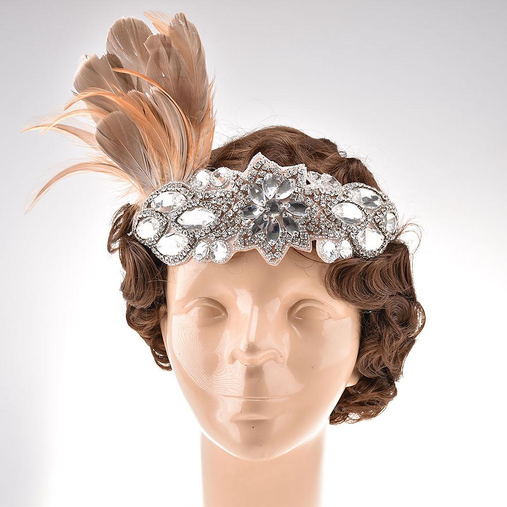 Tocado 20's con pedrería y aplicación de plumas